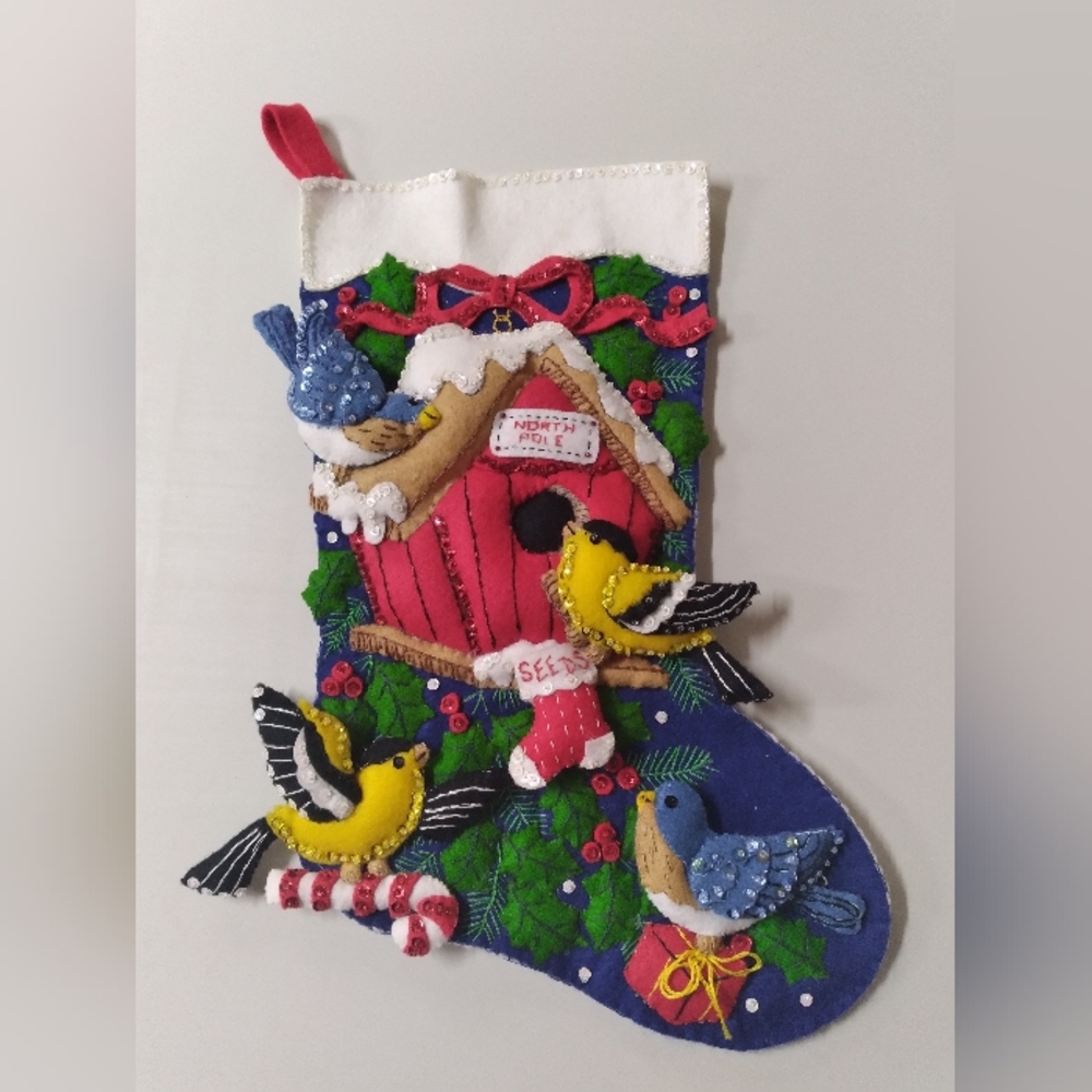 Vintage Bucilla sequined winter birds themed Christmas stocking completed